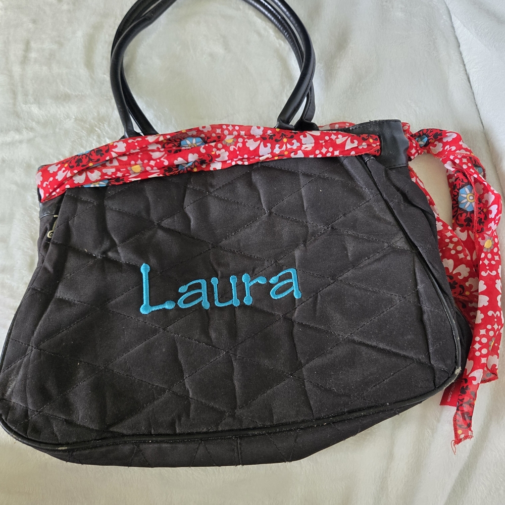 Black Quilted Tote Bag with Red Accents